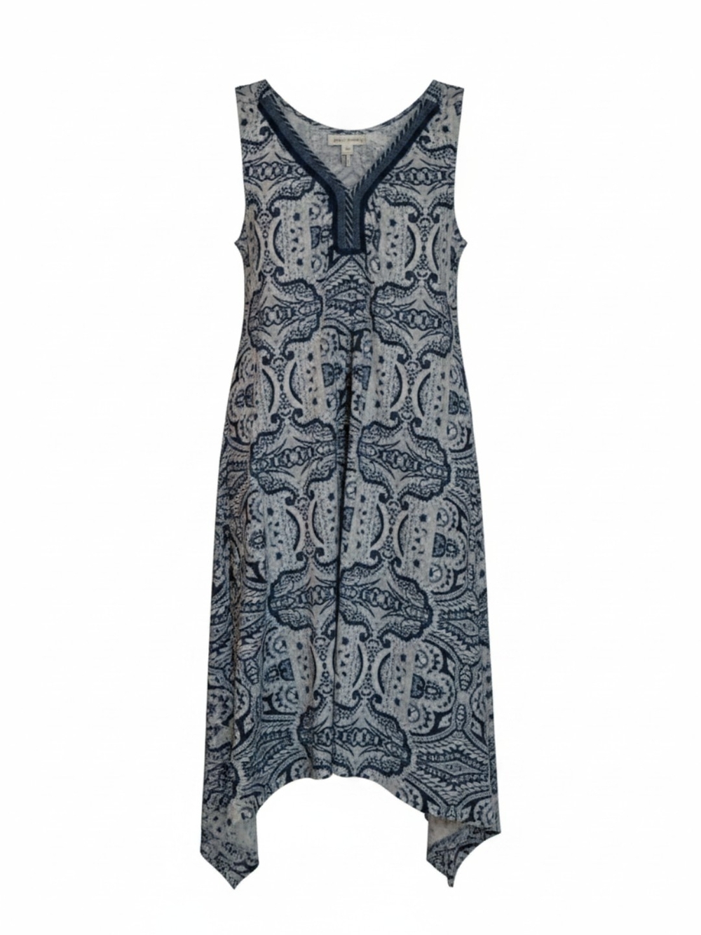 Tantrums Navy and White Paisley Handkerchief-Hem Midi Dress